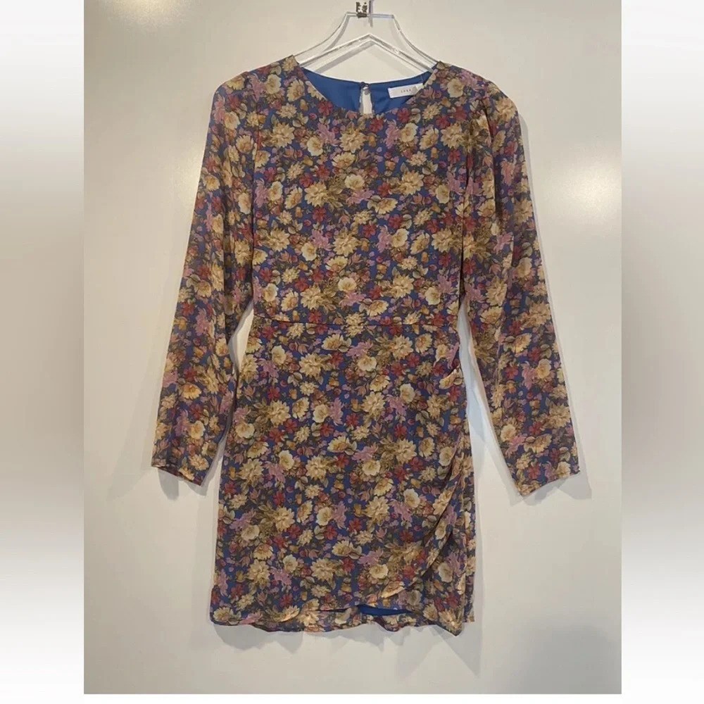 Lush Blue Yellow Floral Print Chiffon Sheath Dress Womens Size Small (902)